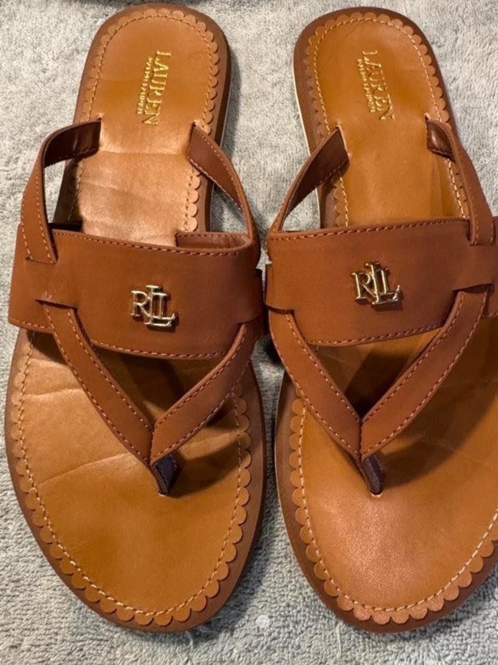 Lauren Ralph Lauren Cognac Brown Leather Thong Sandals with RL Logo